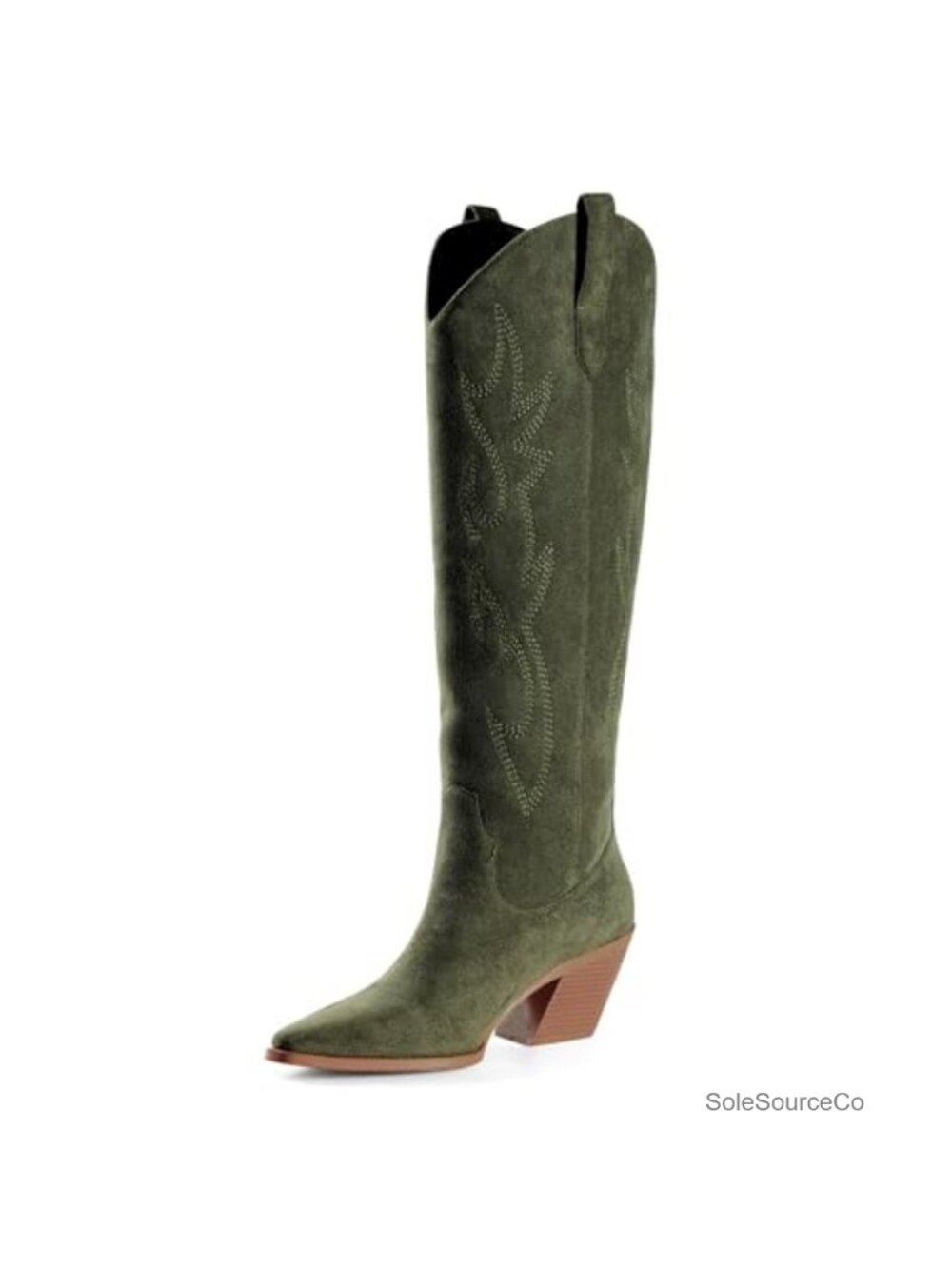 Women's Knee High Western Boots Pointed Toe Block Heel Faux Suede Embroidered